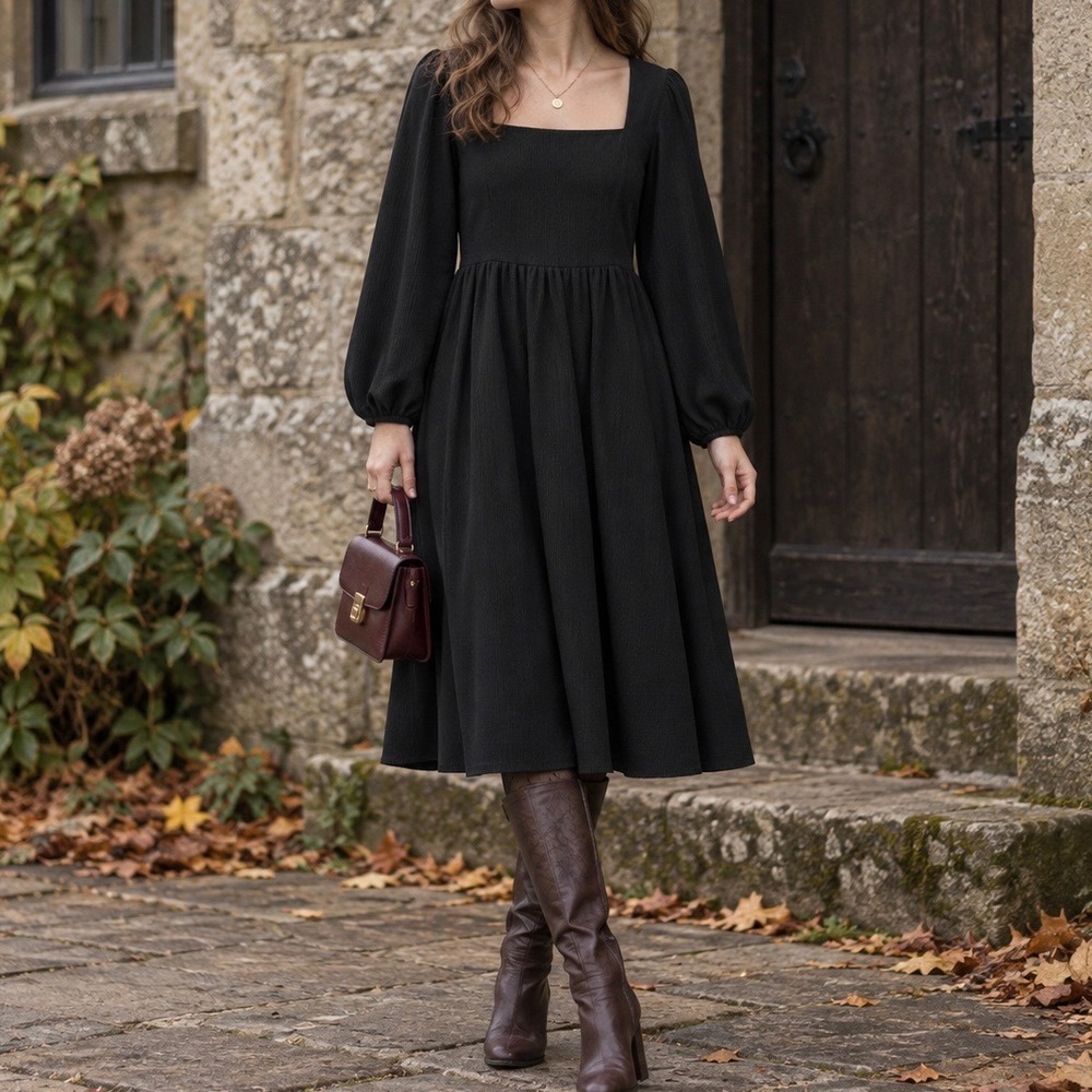 BIBI Size Large Midi Dress Black Square Neck Long Puff Sleeve Textured Pockets